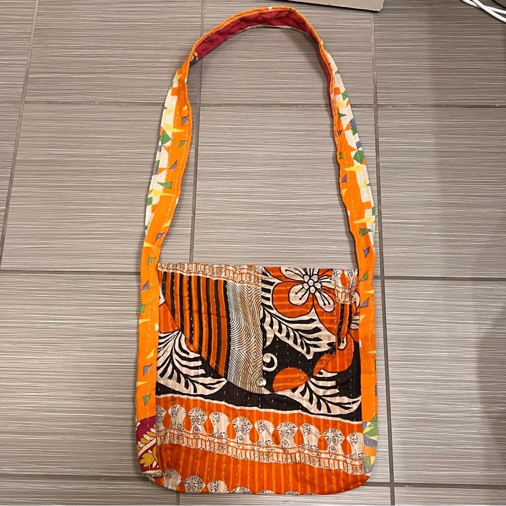 Indian Quilt Quilted fabric floral purse satchel boho bohemian orange hippie - Picture 2 of 8